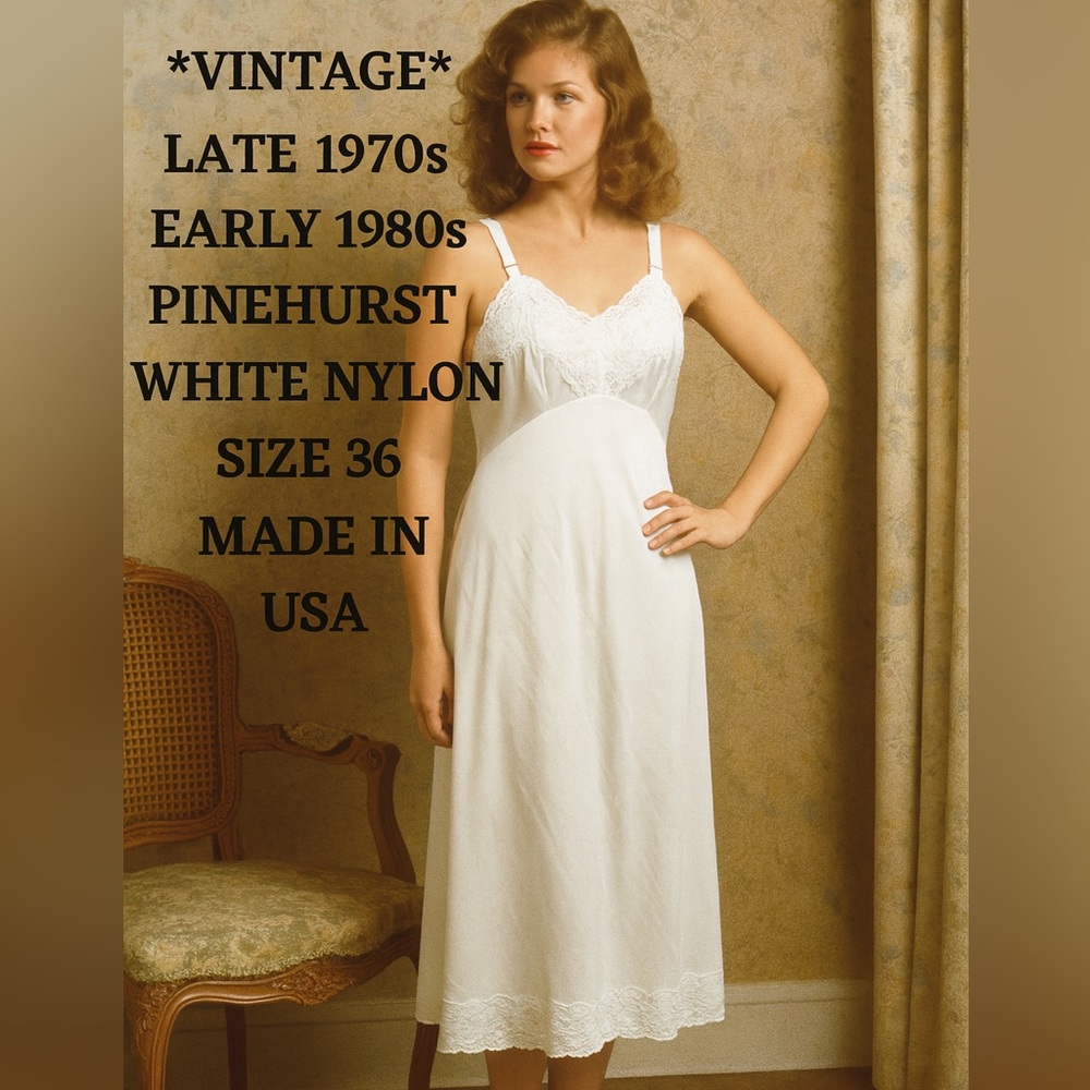 Vintage 70s Pinehurst White Nylon Lace Slip 36 USA